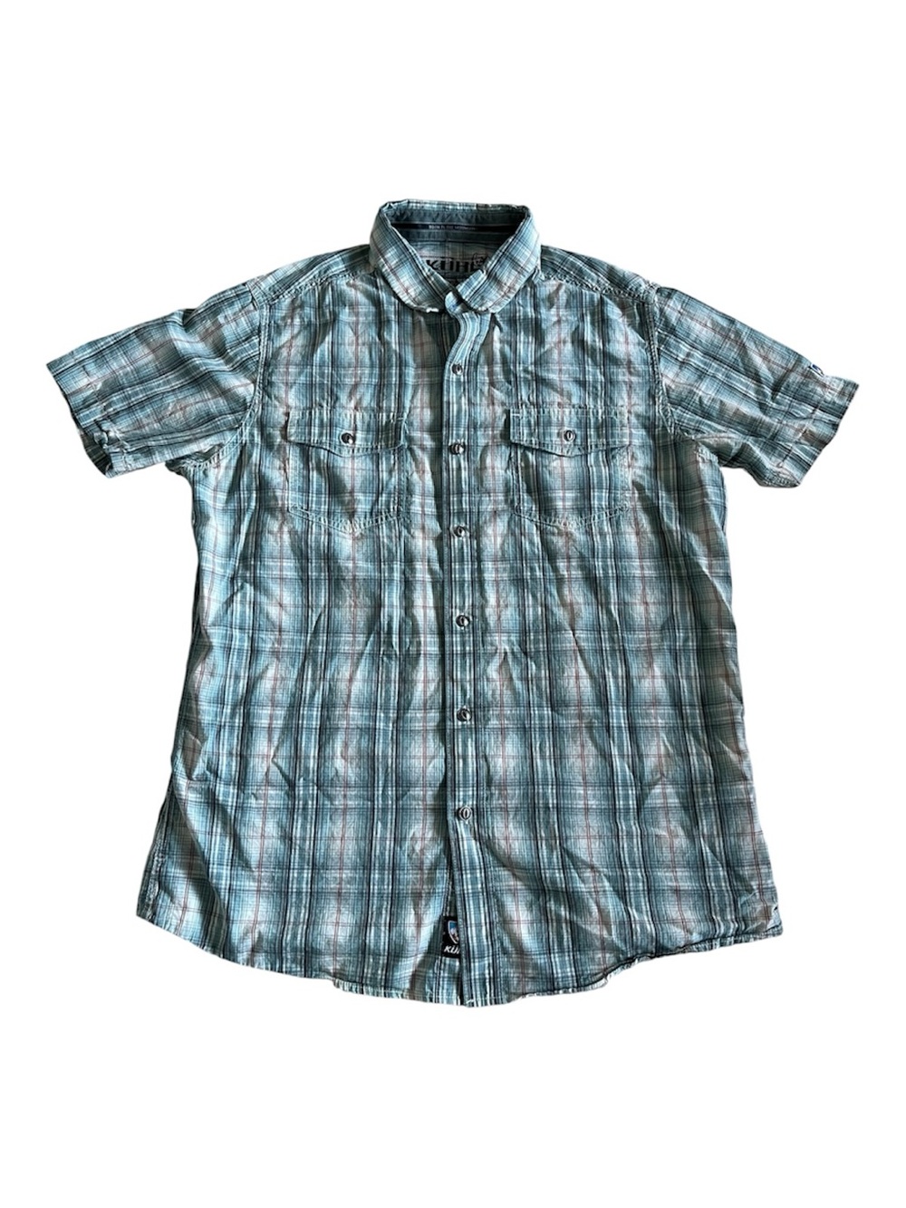Kuhl Men’s Button Blue Short Sleeve Shirt Medium Linen Cotton Blend Plaid